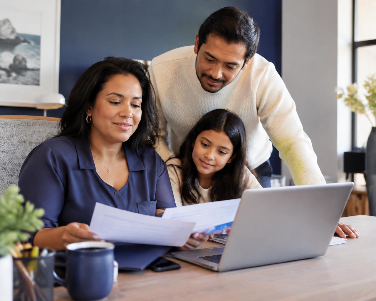 Familia emprendedora organizando documentos de su negocio